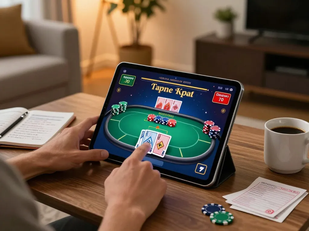 SIN88 player engaging in strategic mobile poker game in a stylish home setting
