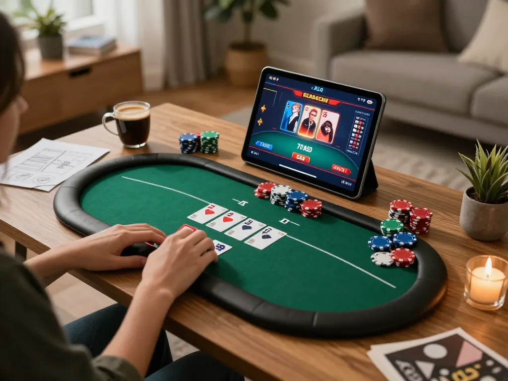 Play poker online with ALO8 VIP in a cozy home setup, showing engaged player and vibrant game interface