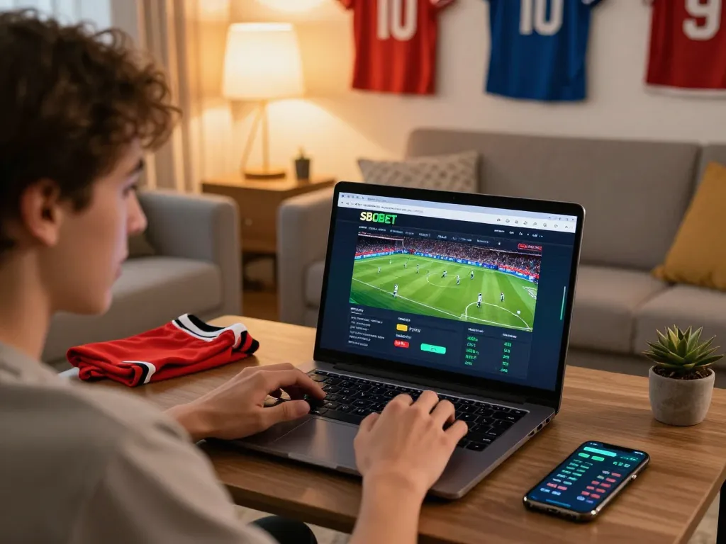 SBOBET user engaging in online sports betting from home, showcasing excitement with laptop interface visible.