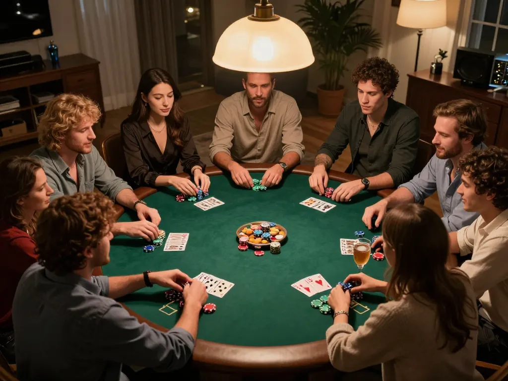 Friends enjoying an engaging poker game night at home, showcasing Au88’s social gambling experience.