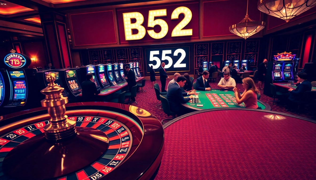 Experience thrilling gameplay at B52 casino with vibrant slot machines and an elegant roulette wheel.