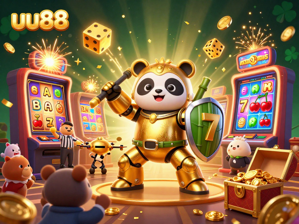Experience thrilling jackpots at uu88 with a vibrant 3D mech-suit panda and casino elements.
