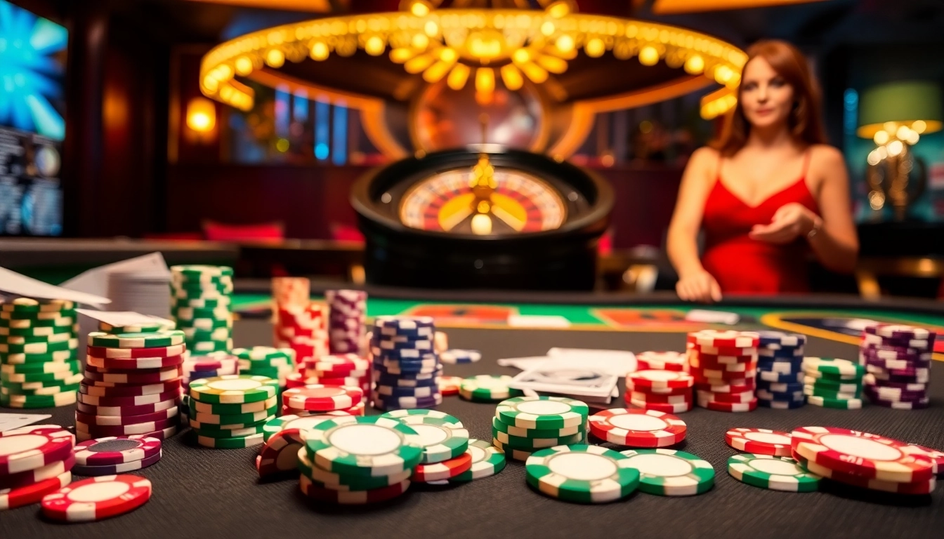 Engaging gambling scene at RR88 casino featuring poker chips and lively dealer.