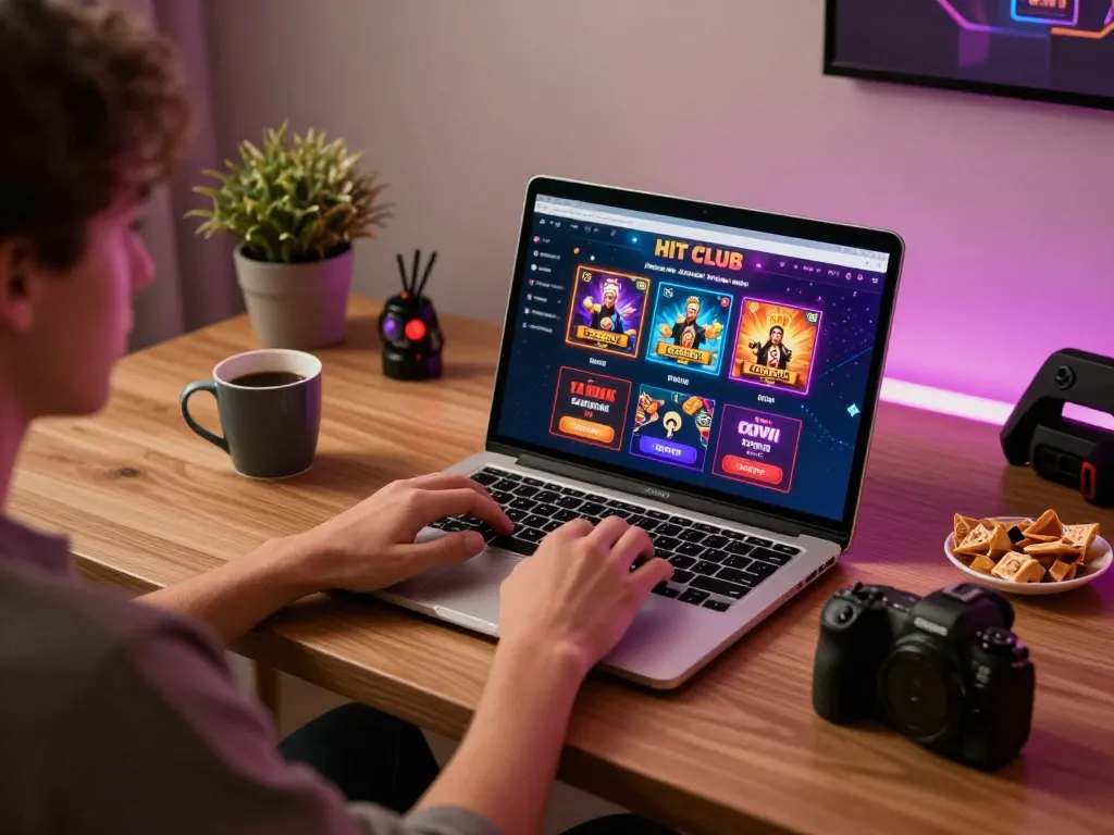 Engaging home gaming scene showcasing HIT CLUB casino interface on laptop for online gambling experience