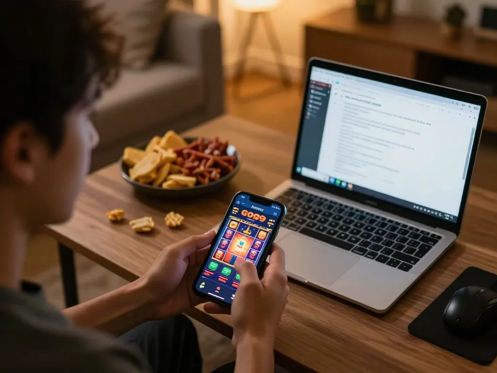 Engaging player using Go99 casino app on smartphone at home during a gaming session.
