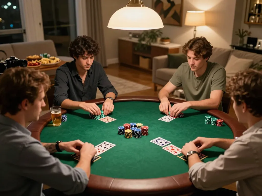 Players engage in a strategic poker game at home, showcasing hitclub entertainment and fun.