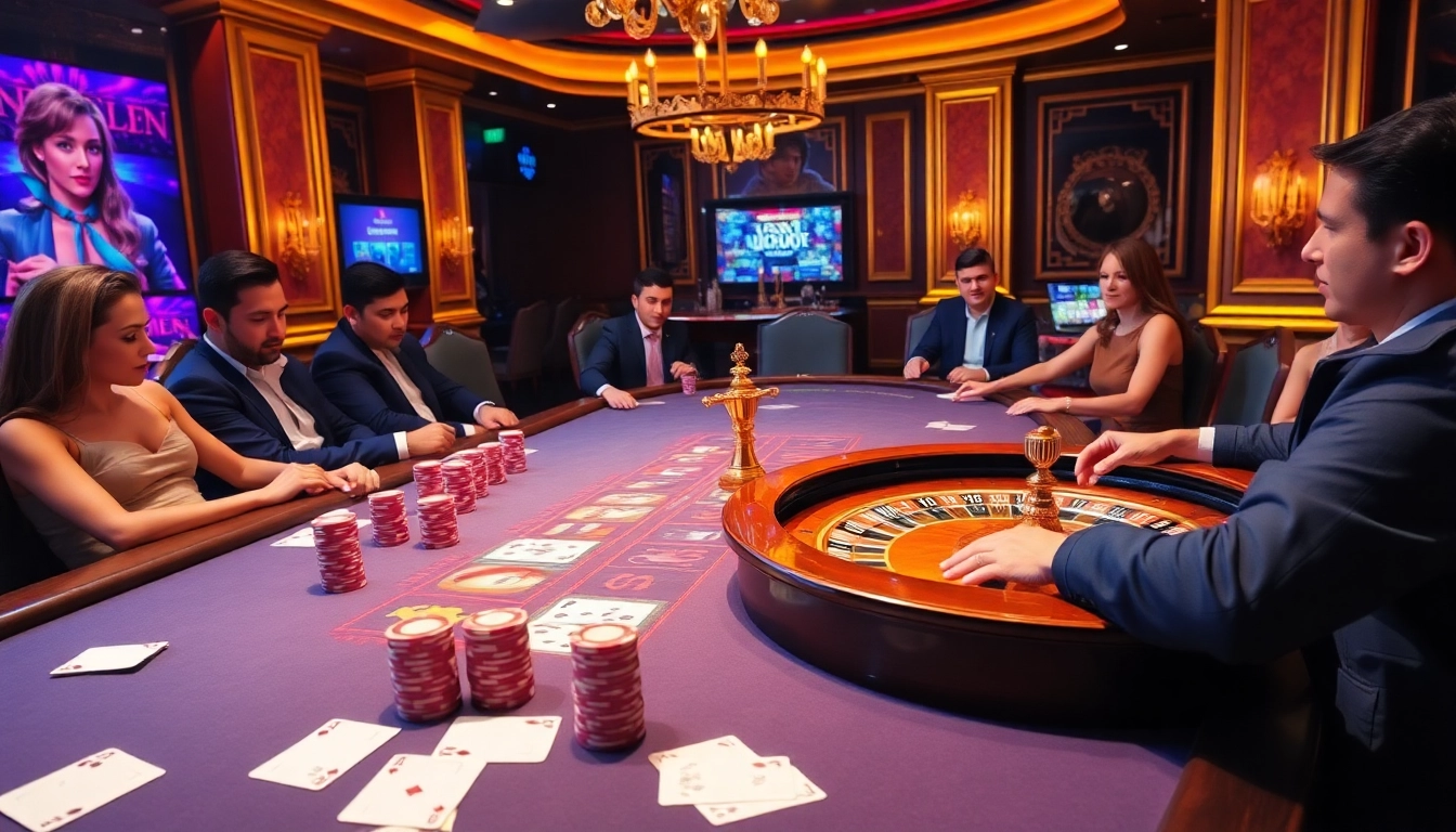 Hitclub players enjoying a thrilling casino atmosphere, with vibrant poker chips and gleaming cards.