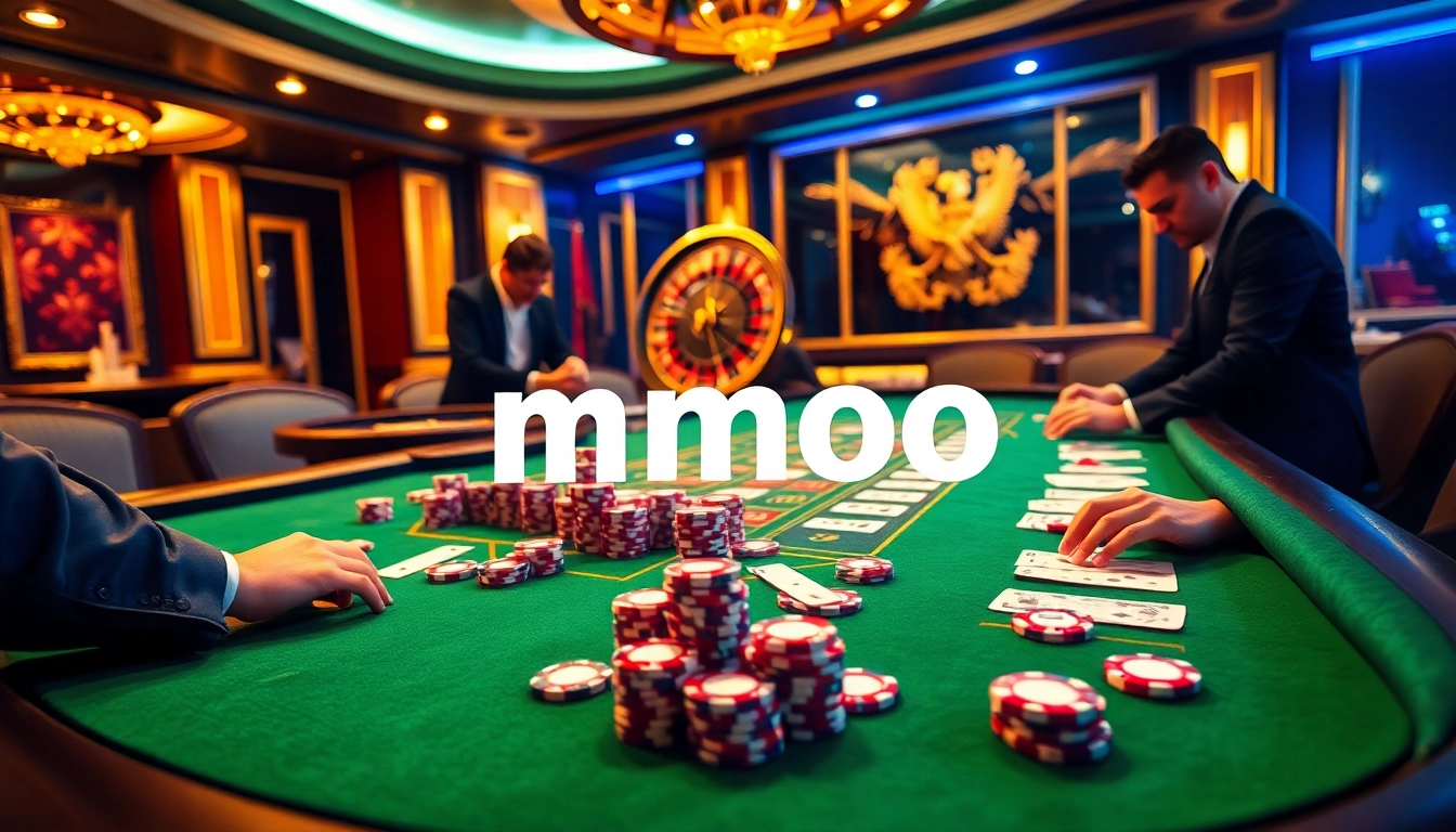 Excitement at the mmoo poker table with professional players and vibrant casino elements