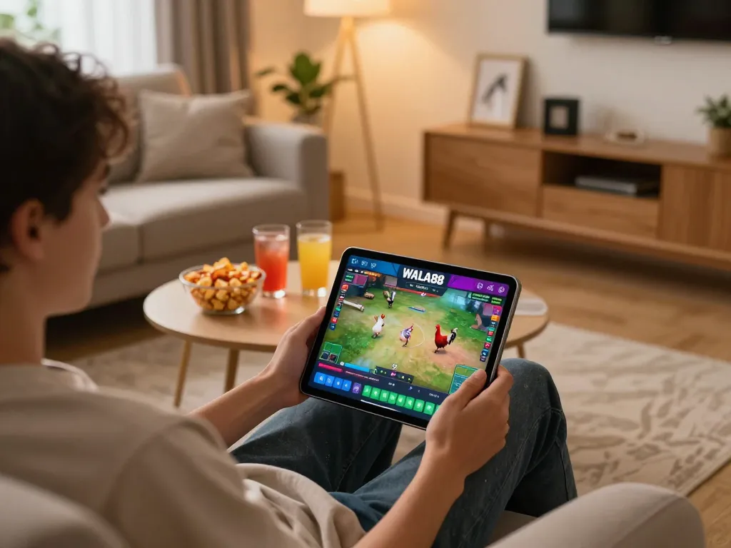 Engaging in thrilling online betting with WALA88 on a tablet in a cozy living room