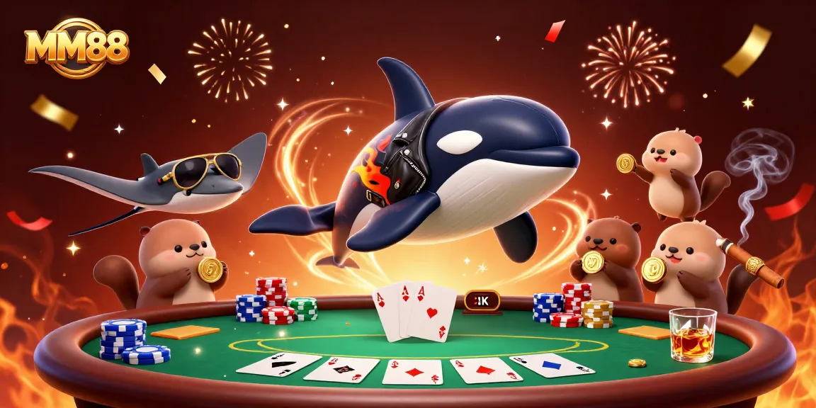 Experience excitement at MM88 with a lively 3D illustration of sea creatures celebrating casino wins.
