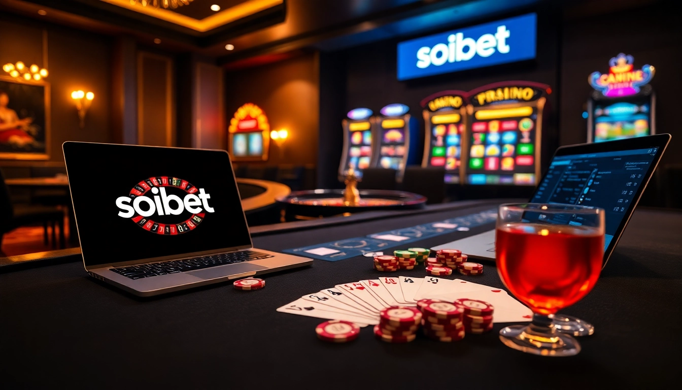 Experience thrilling casino gameplay with soibet ไทย, featuring vibrant tables, poker chips, and roulette wheels.