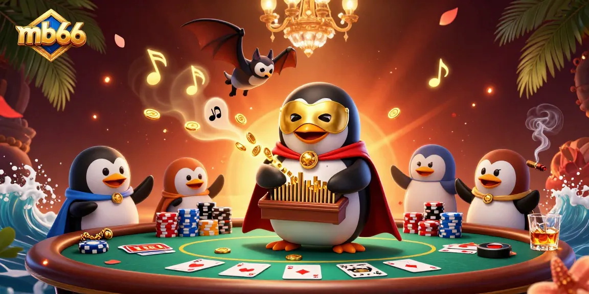 Play exciting casino games with mb66, featuring a penguin organist shooting golden coins in this vibrant scene.