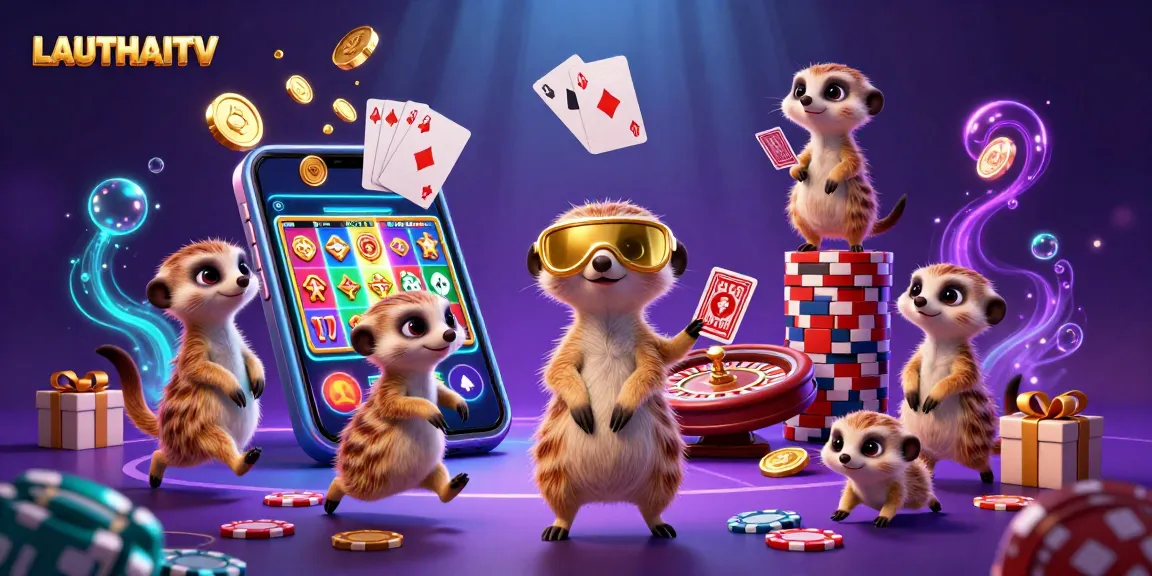 LAUTHAITV showcases a lively scene with meerkats engaging in a casino operation, surrounded by vibrant gaming elements.