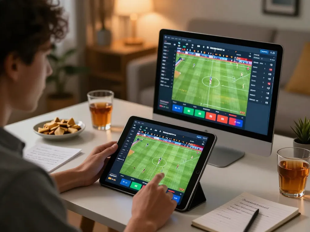 Betting on live sports using bsport in a stylish home office with engaging visuals and snacks.