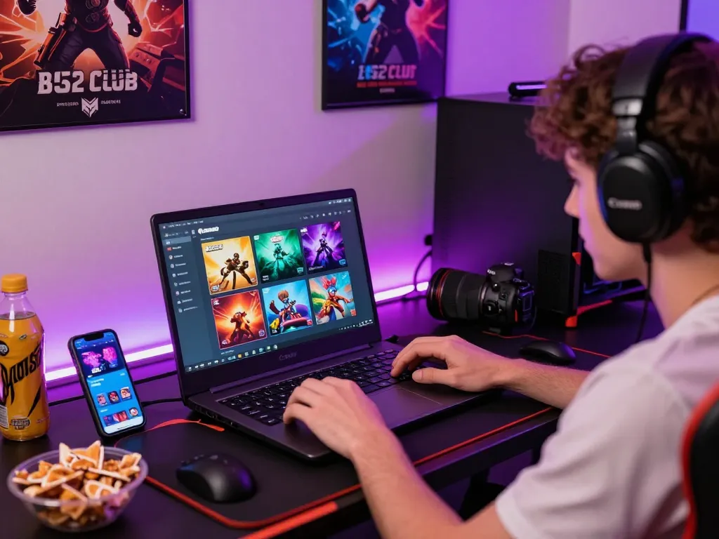 Engaging scene of a player using the link b52club mới nhất on a laptop, surrounded by vibrant gaming atmosphere and snacks.