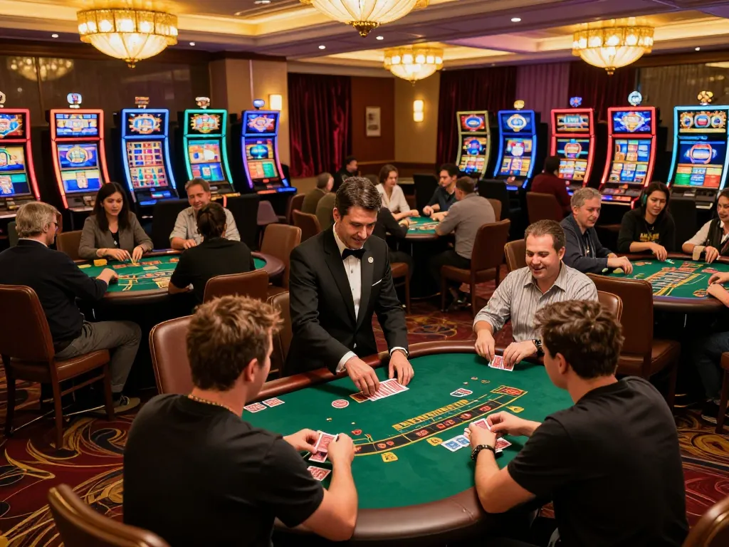Players strategizing at various table games in a bustling casino, highlighting 789b betting excitement and atmosphere.