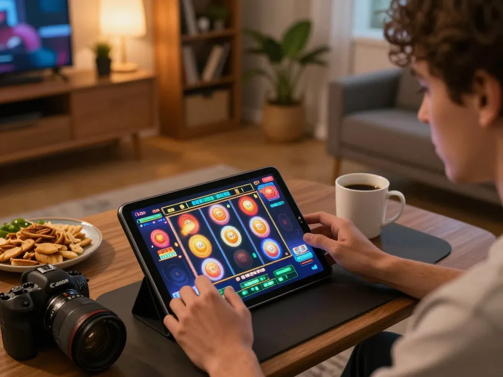 Engaging in dynamic slot gameplay on a tablet at home, exploring luck8 gaming experience