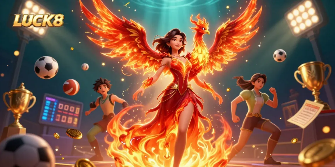 Engage in thrilling games at LUCK8 Casino with stunning visuals of an Asian woman in flame-like gown and sports elements.