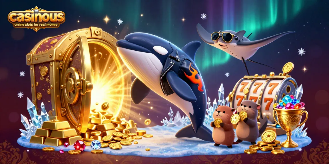 Play exciting casinous online slots for real money with vibrant characters and dazzling rewards in a rich casino scene.