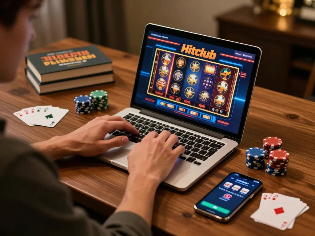 Player engaging with Hitclub online slots at a stylish home desk, creating immersive gambling experience.