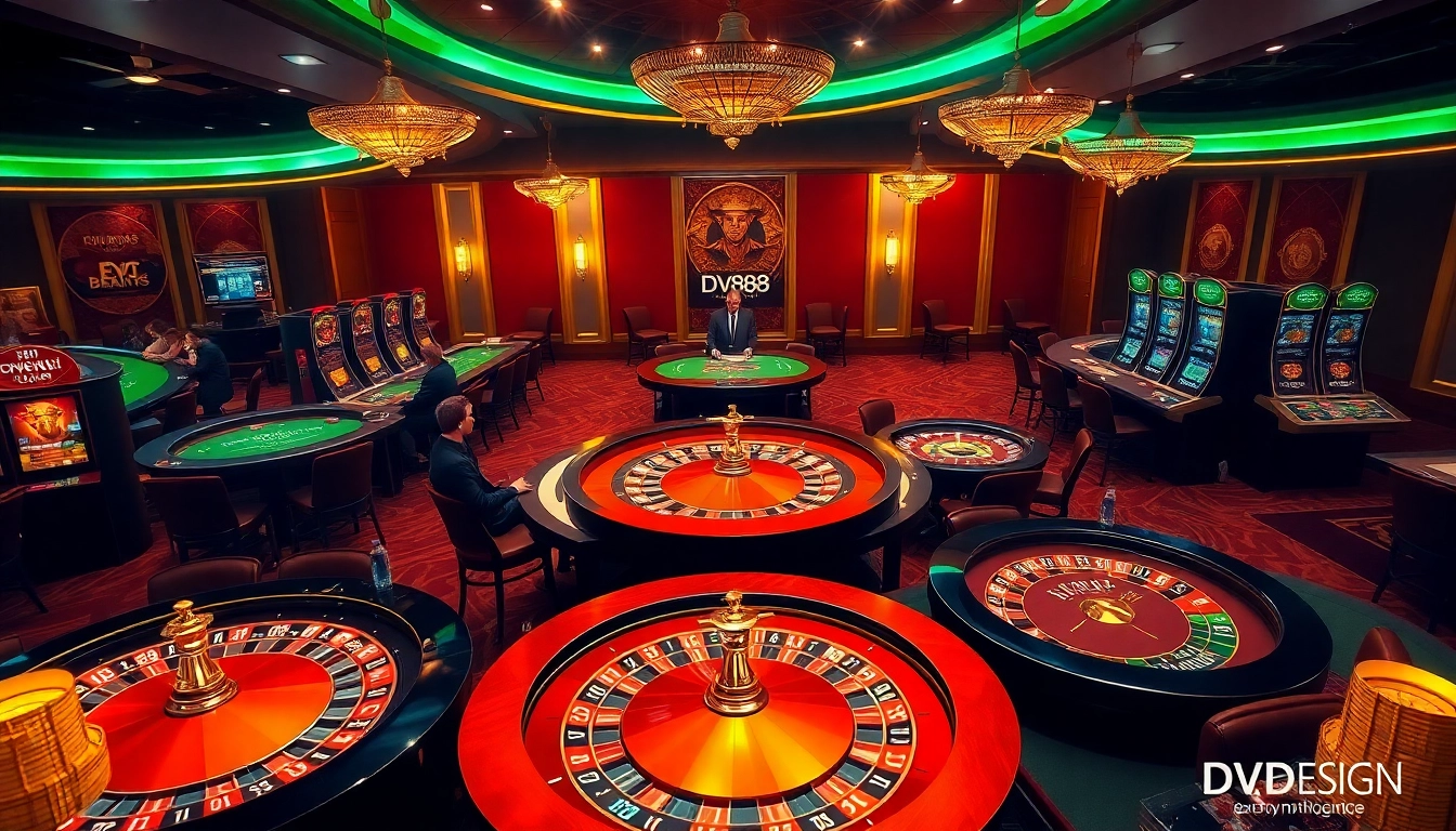 A captivating casino scene featuring players at tables showcasing https://dv88.design/ roulette and blackjack games with vibrant lighting.
