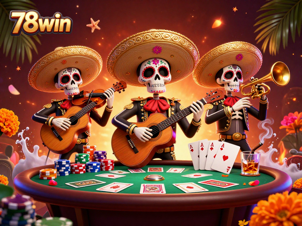 Engage in exciting poker action at 78win with colorful mariachi characters and vibrant casino elements.
