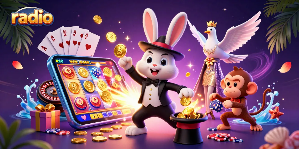 Experience radio magic with a cartoon rabbit pulling coins and poker chips in a casino scene.