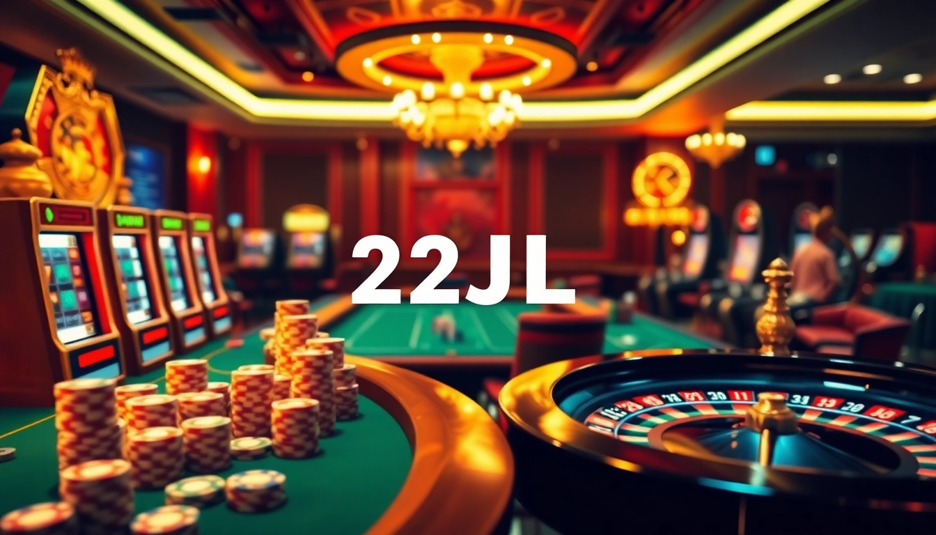 Experience the excitement of 22JL with vibrant casino tables and sleek slot machines.