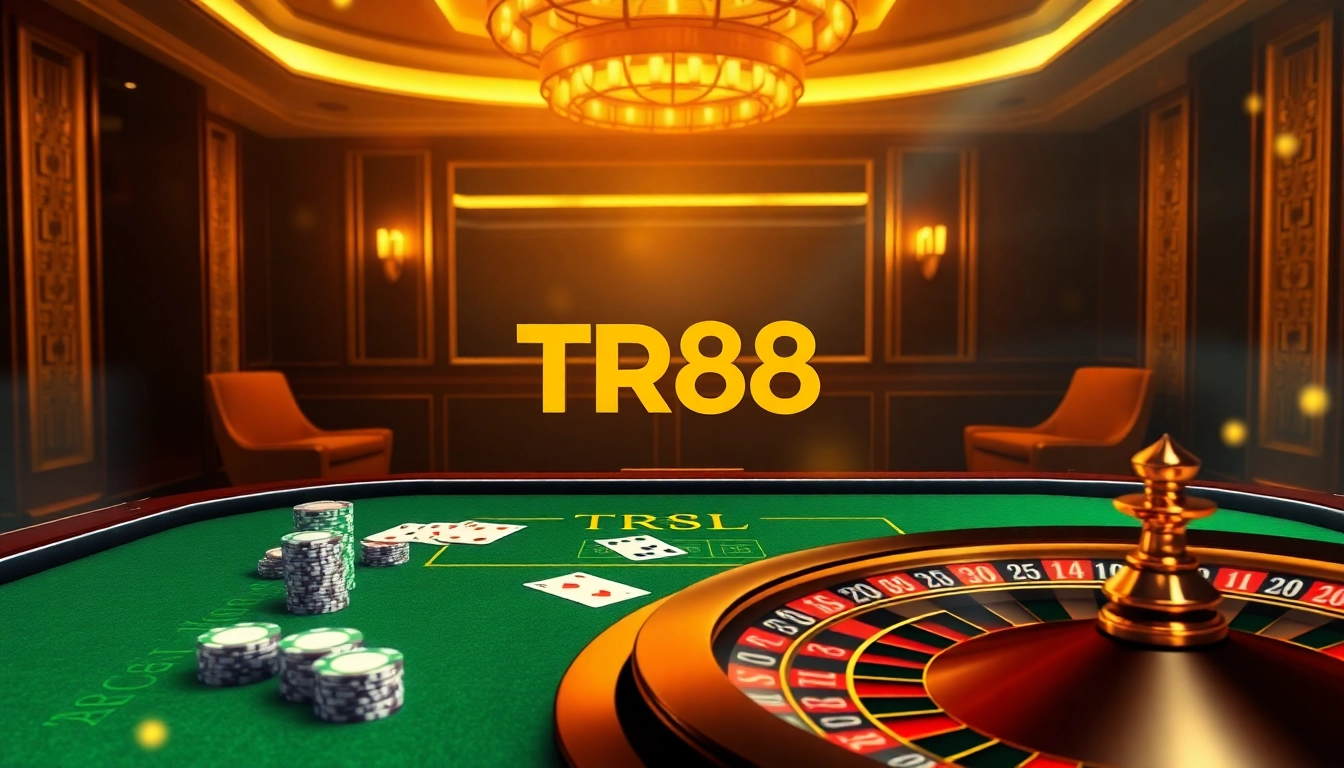 Action-packed scene at nhà cái TR88 featuring poker chips, cards, and a vibrant online gaming atmosphere.
