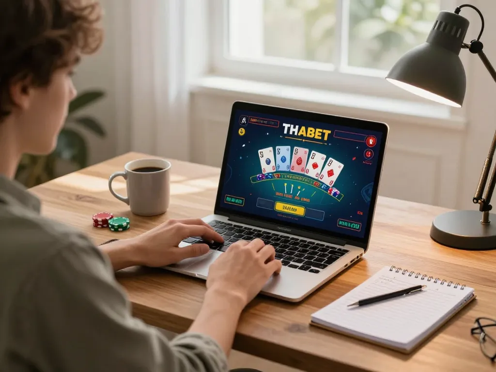 Engaging in strategic blackjack with THABET on a stylish home setup.