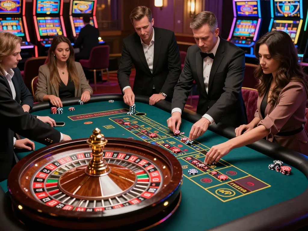 Players eagerly place bets at a sunwingo roulette table in an elegant casino setting.