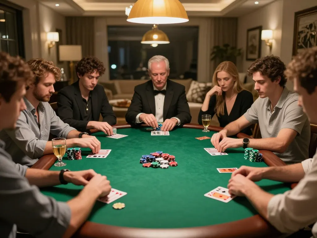 KONG88 players immersed in a high-stakes poker game at a luxurious home gathering