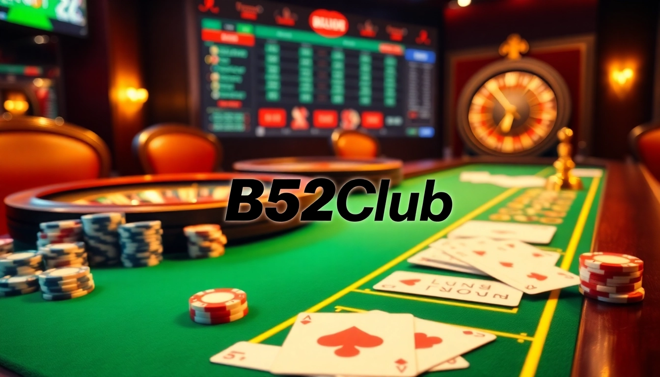 Engage with B52Club at a high-stakes poker game featuring vibrant casino elements.