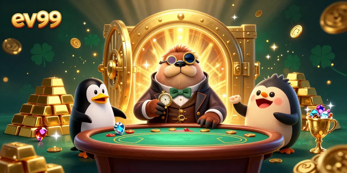 ev99 players engaged in underwater poker with a walrus, penguin dealer, and pufferfish, showcasing thrilling action.