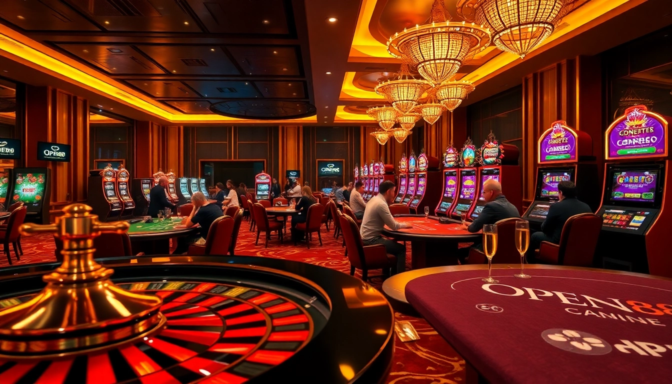 Experience the excitement of OPEN88 at a luxurious casino with roulette, poker, and vibrant slot machines.