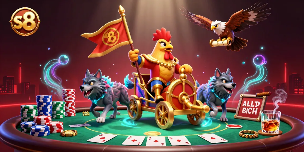 S8 delivers thrilling action at the poker table with a dynamic 3D cartoon scene showcasing a rooster warlord and his chariot.