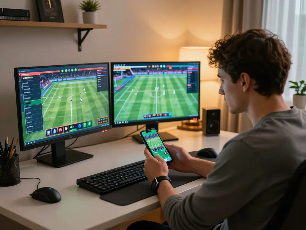 Player using GK88 betting app on smartphone in a stylish home office, showcasing gambling strategy.