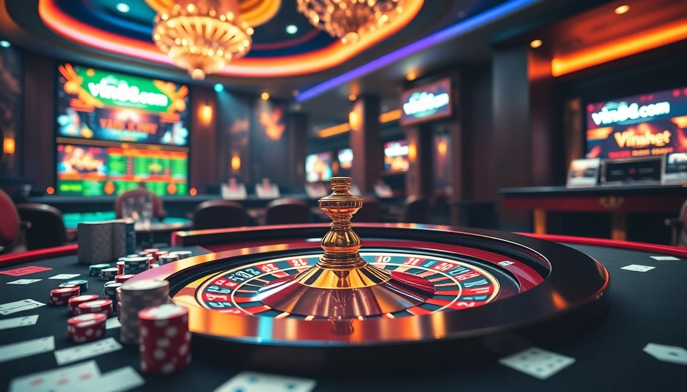 Experience the thrilling atmosphere at vin88ac.com with vibrant casino elements illustrating high-stakes gaming.