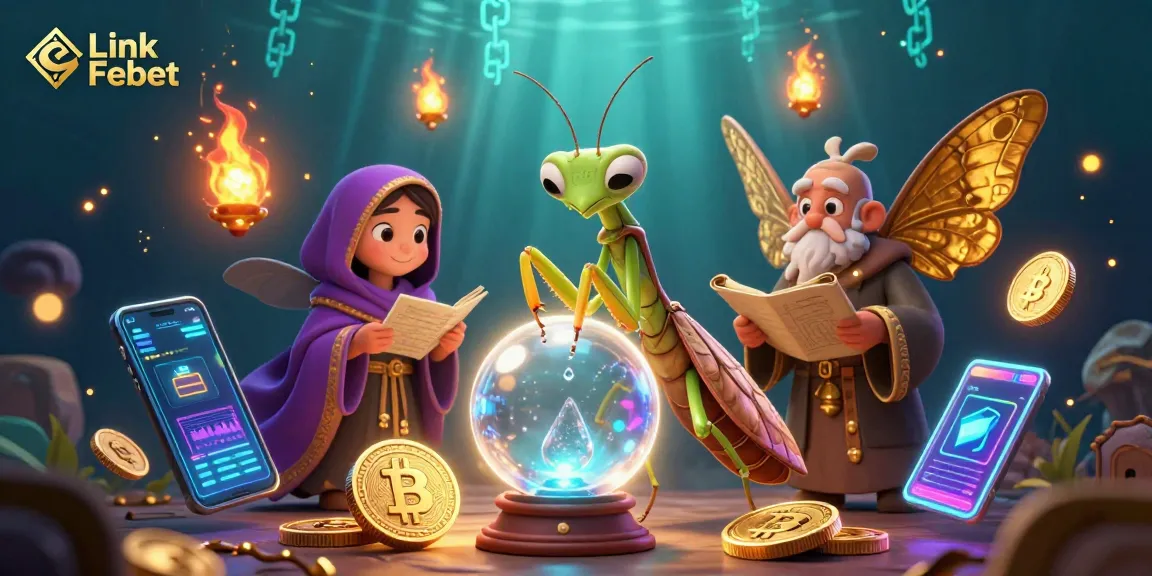 Engage with Link Febet's vibrant gaming scene featuring enchanted characters surrounded by crypto elements.
