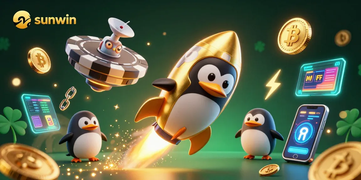 Engage with sunwin as a golden penguin launches towards a vibrant casino in space.