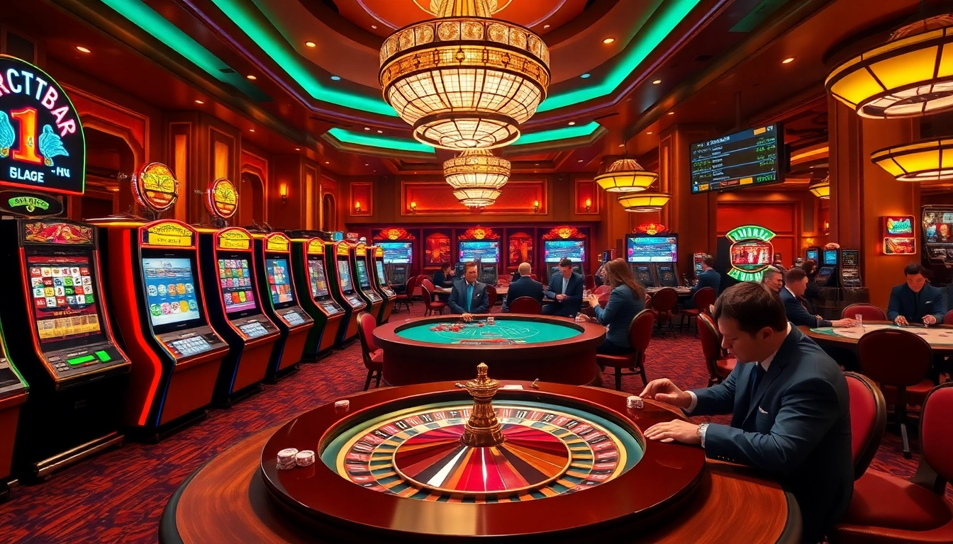 Betting excitement at https://888vnd.space/ with poker tables, lively slots, and a roulette wheel.