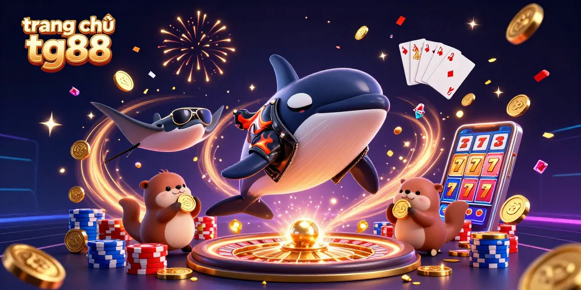 Win big at trang chủ tg88 with 3D cartoon characters celebrating around casino games.