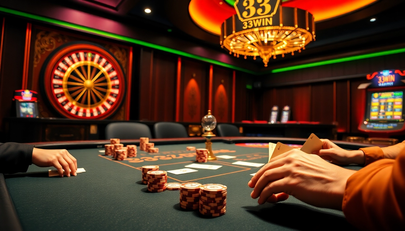 Players enjoying a vibrant casino game scene with 33WIN brand elements, showcasing excitement and luxury.