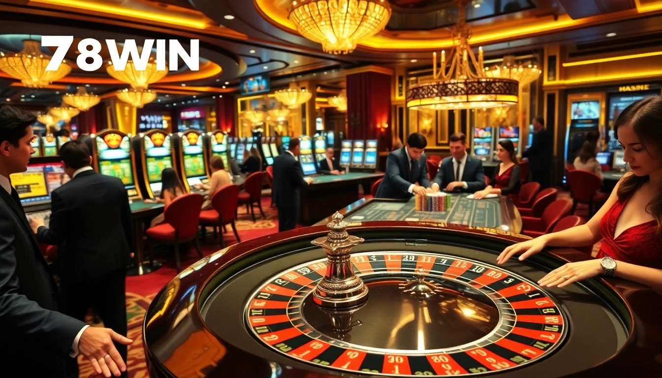 Experience the excitement at 78WIN's luxurious casino with vibrant tables and eager players.
