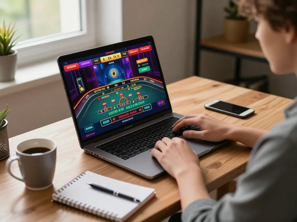Engaging in online casino gaming with luck8l, showcasing a laptop setup with a live dealer interface.