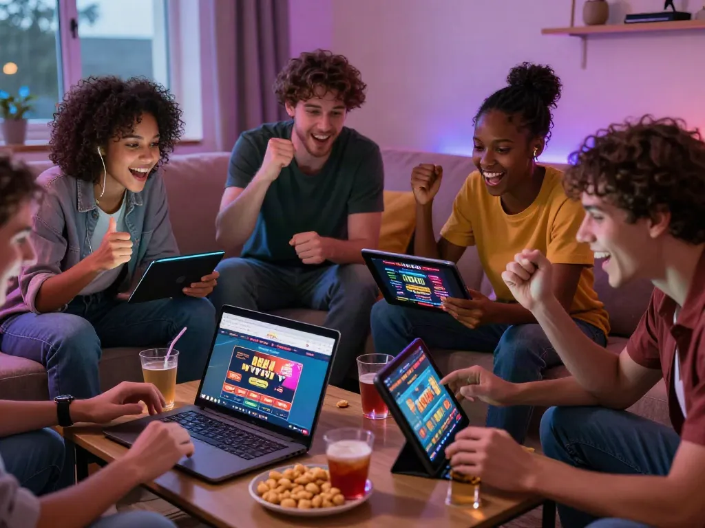 Diverse friends enjoying non UK casino games in a cozy lounge setting.