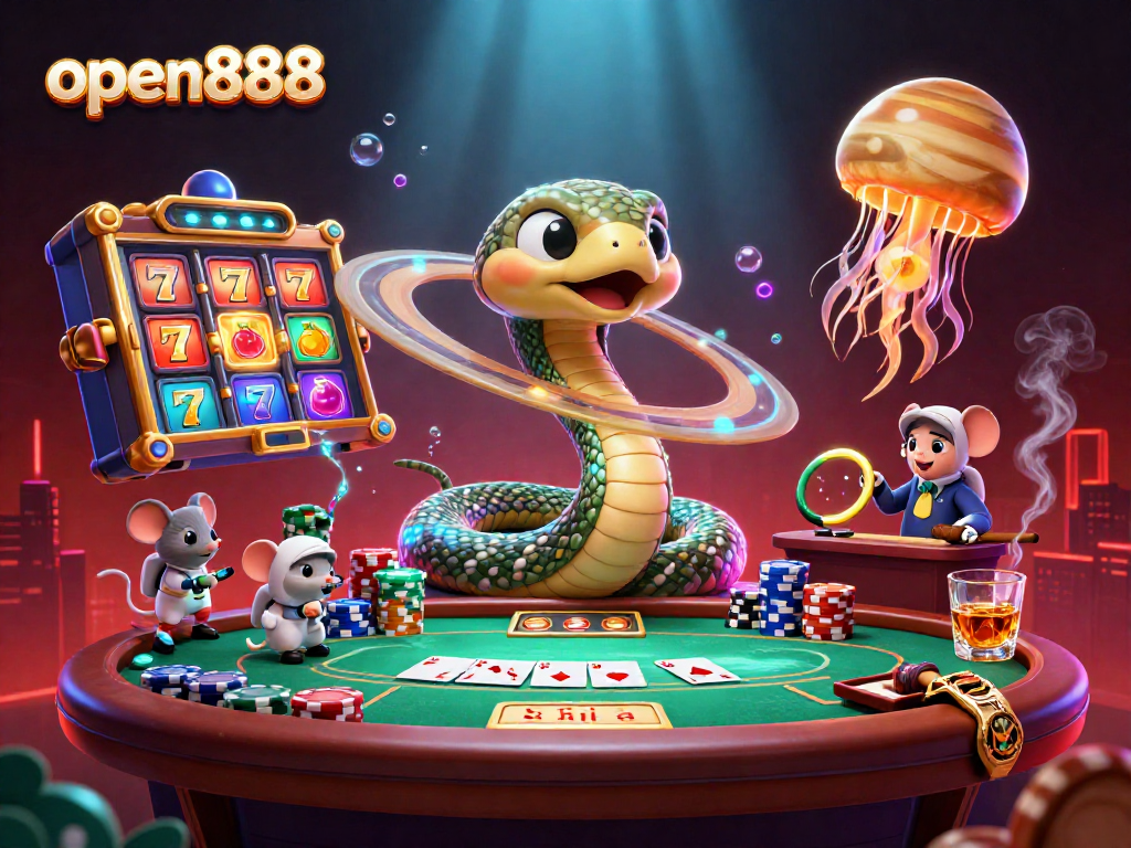 Bet on vibrant slot reels in an enchanting open888 cosmic casino scene featuring playful characters.