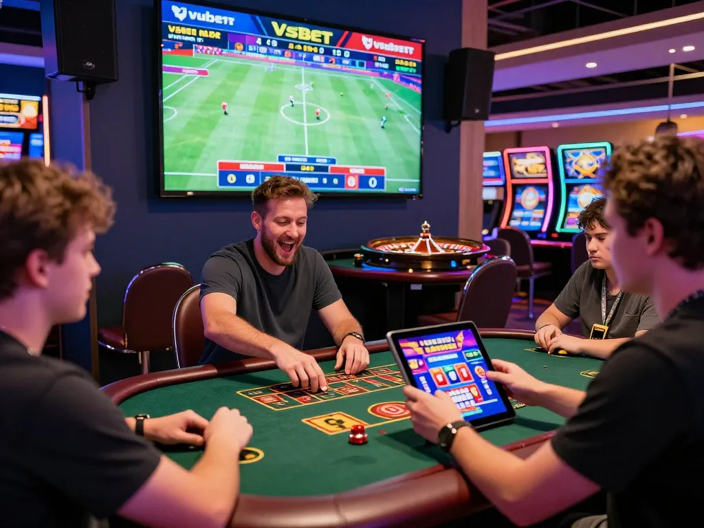 Exciting Vsbet online gambling scene with diverse players enjoying sports betting and casino games in a vibrant atmosphere.