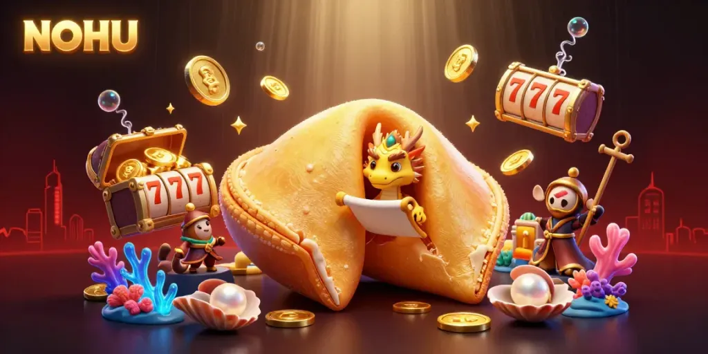 Engage in thrilling casino adventures with NOHU as a golden fortune cookie reveals secrets amidst vibrant underwater treasures.