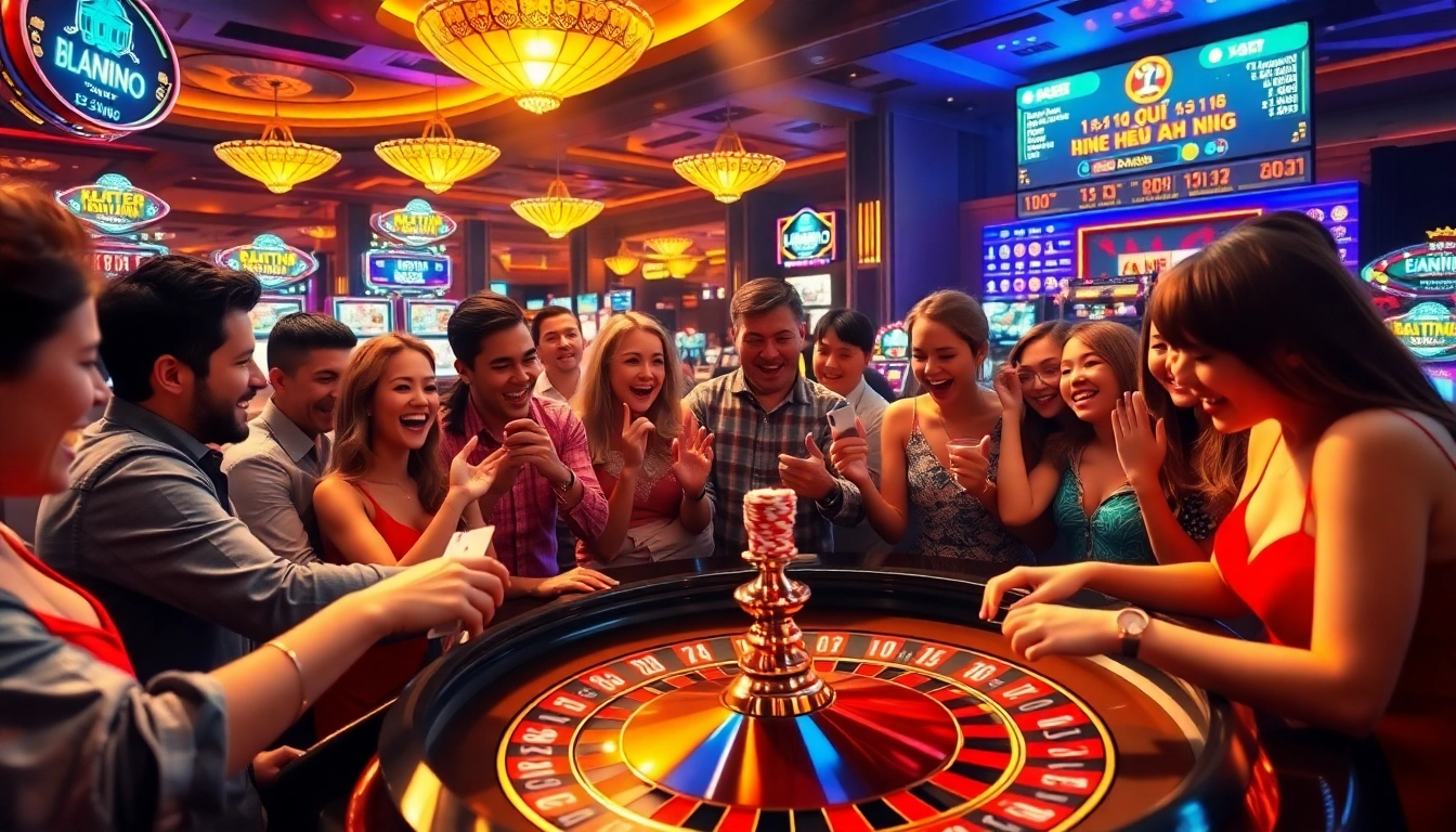 Kết quả xổ số hôm nay visualized in an exciting casino scene with people around a roulette table.